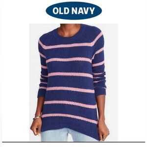 🆕 Old Navy Blue & Pink Stripe Super Soft Crew Neck Sweater, Size L Preppy